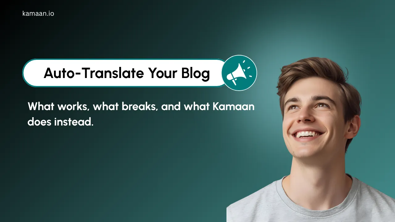 Auto-translate workflow: one publish in English triggers translation, metadata, URL routing, hreflang, and sitemap updates in parallel