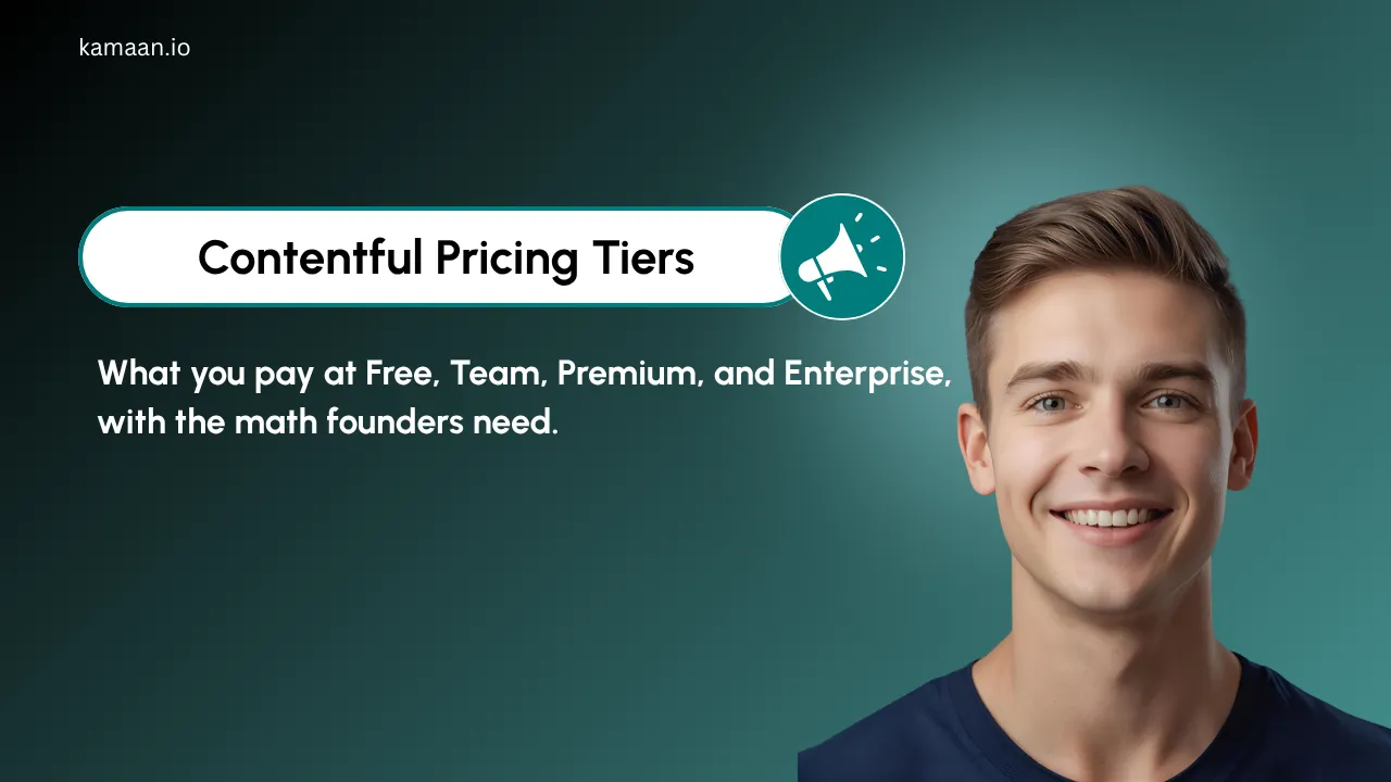 Kamaan blog thumbnail: 'Contentful Pricing Tiers' with subtitle 'What you pay at Free, Team, Premium, and Enterprise, with the math founders need.'