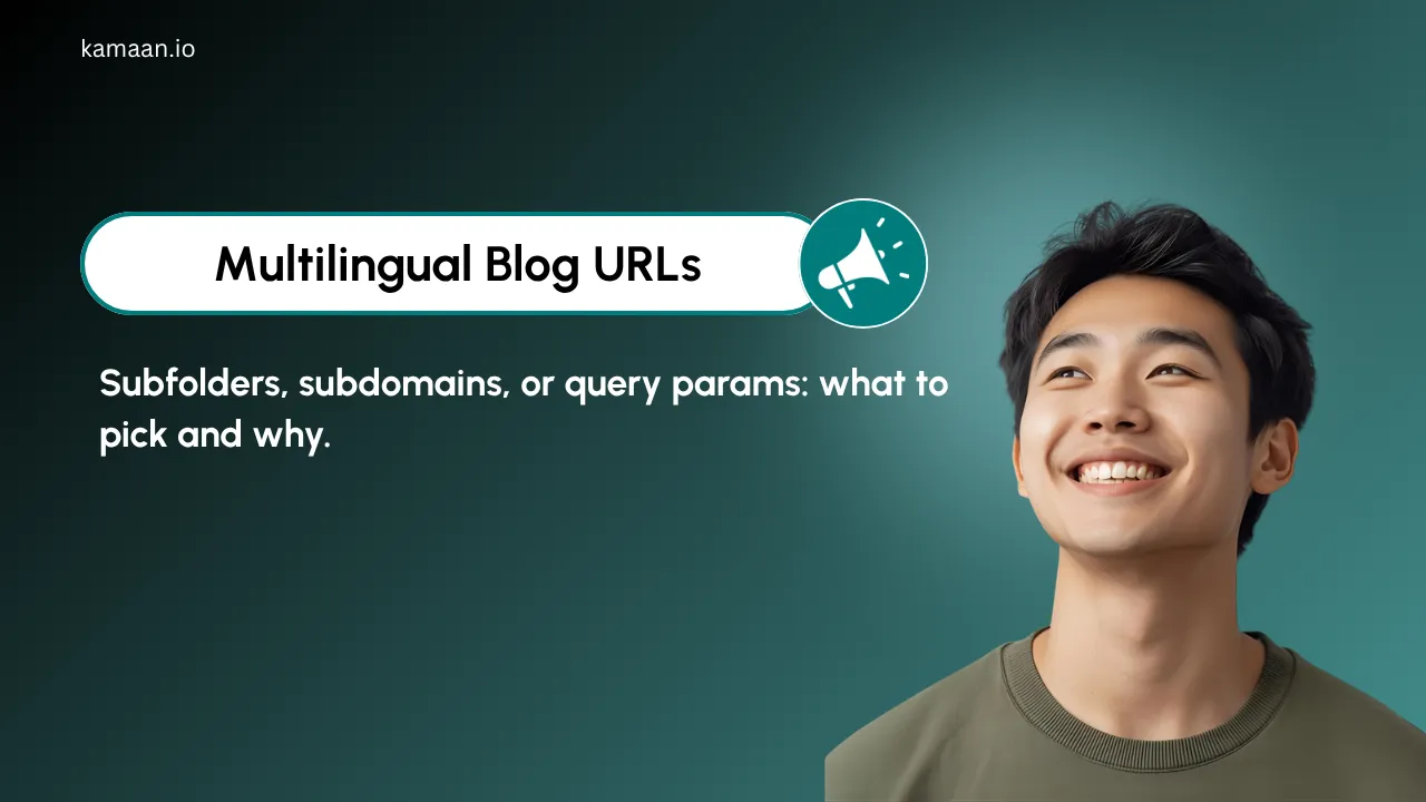 Multilingual blog URL pattern decision overview: subfolder, subdomain, ccTLD, query parameter mapped to a single SaaS-founder choice