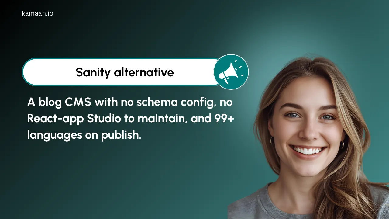 Kamaan featured card: Sanity alternative blog CMS with no schema config and 99+ languages on publish